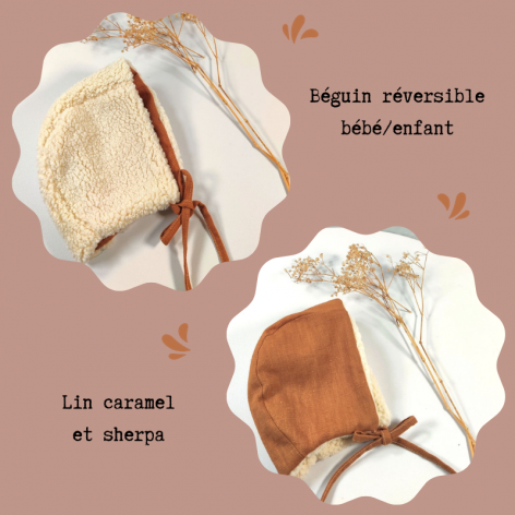 bonnet bébé fille lin caramel et sherpa écrue