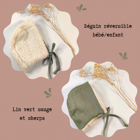 bonnet bébé garçon lin vert sauge et sherpa écrue