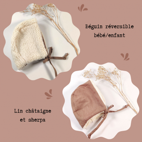 bonnet naissance lin châtaigne et sherpa écrue