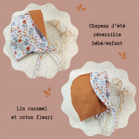 chapeau d'été bébé fille lin caramel et coton  fleuri